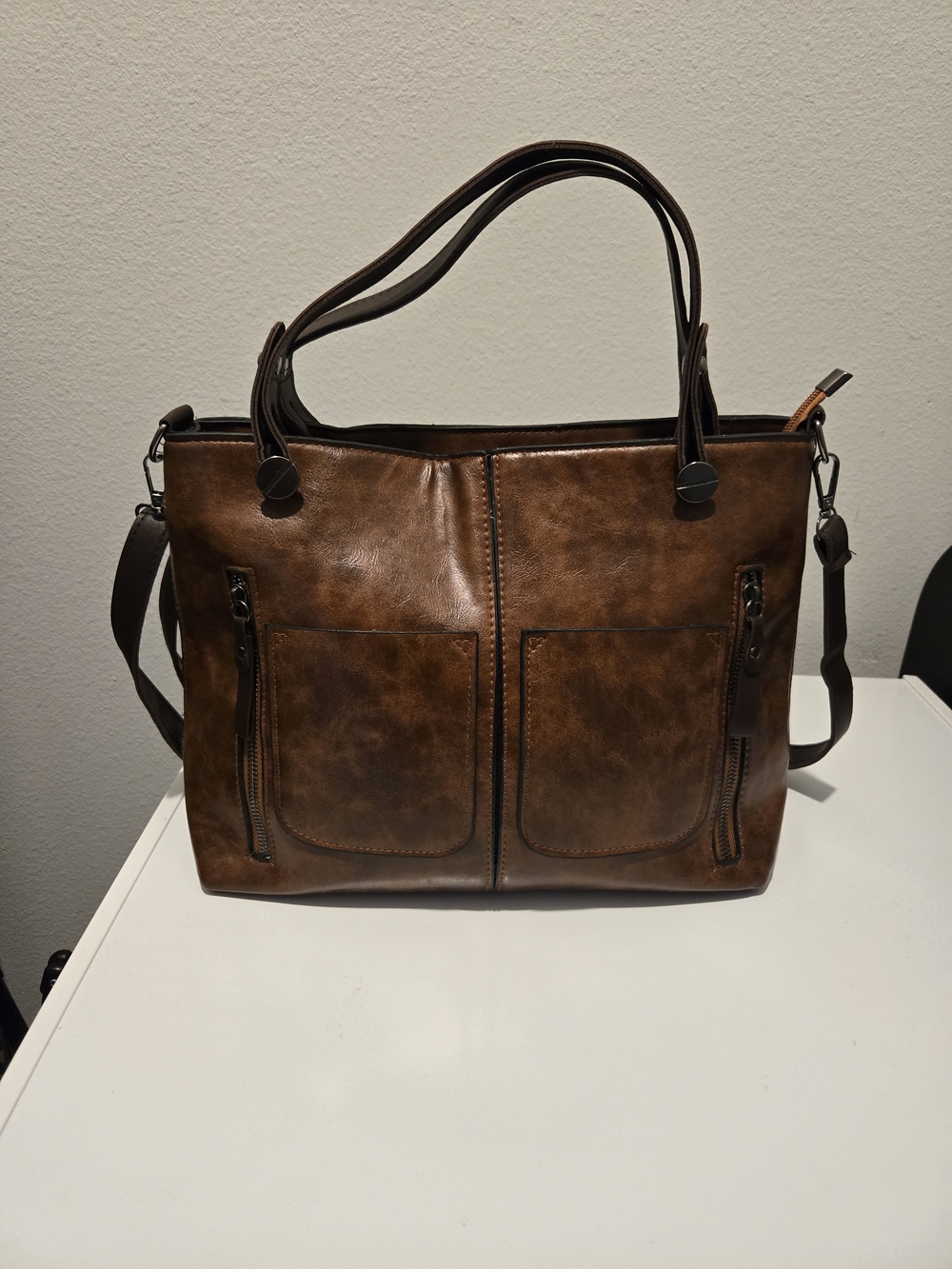 Brown Faux Leather Tote Bag with Front Pockets